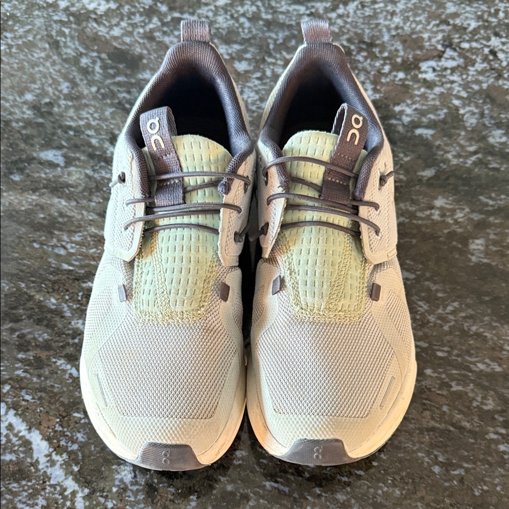 On Running Sand and Olive Athletic Shoes